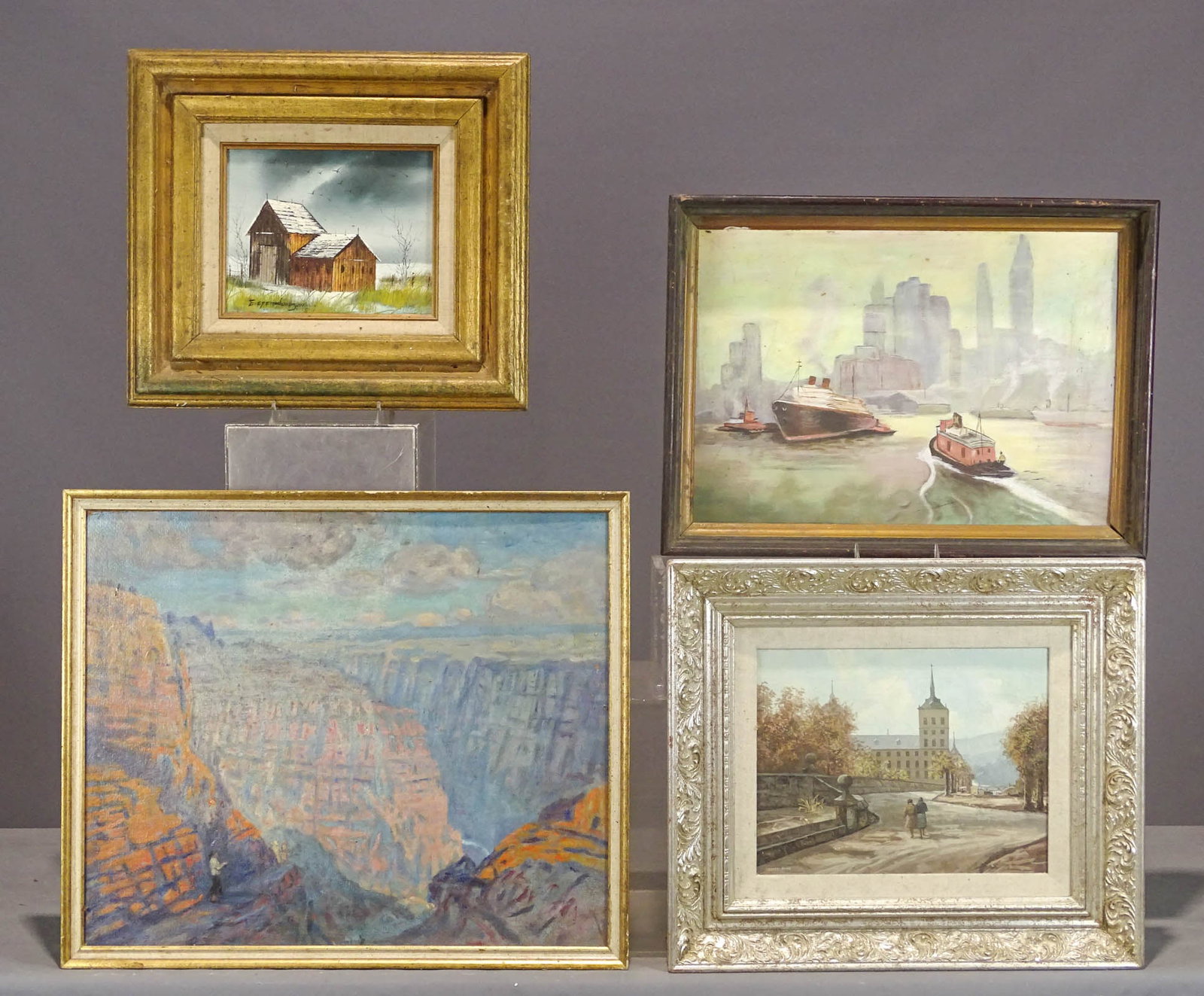 Artwork Lot: Artwork lot including: Mountain landscape, oil on panel (overall in frame 21 1/2" x 25 1/2"), watercolor, N.Y.C. harbor, oil on artist board (overall in frame 17" x 22"), landscape with barn, oil on c