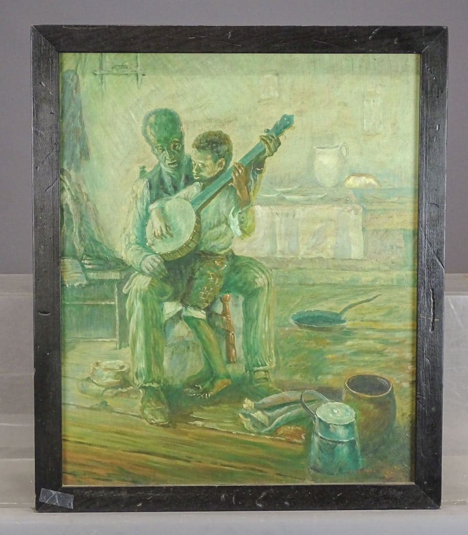 Painting: A. Kangast (20th Century): Painting: A. Kangast (20th Century), banjo players, oil on canvas. Signed LRC. 24" x 20", overall 26 1/2" x22".