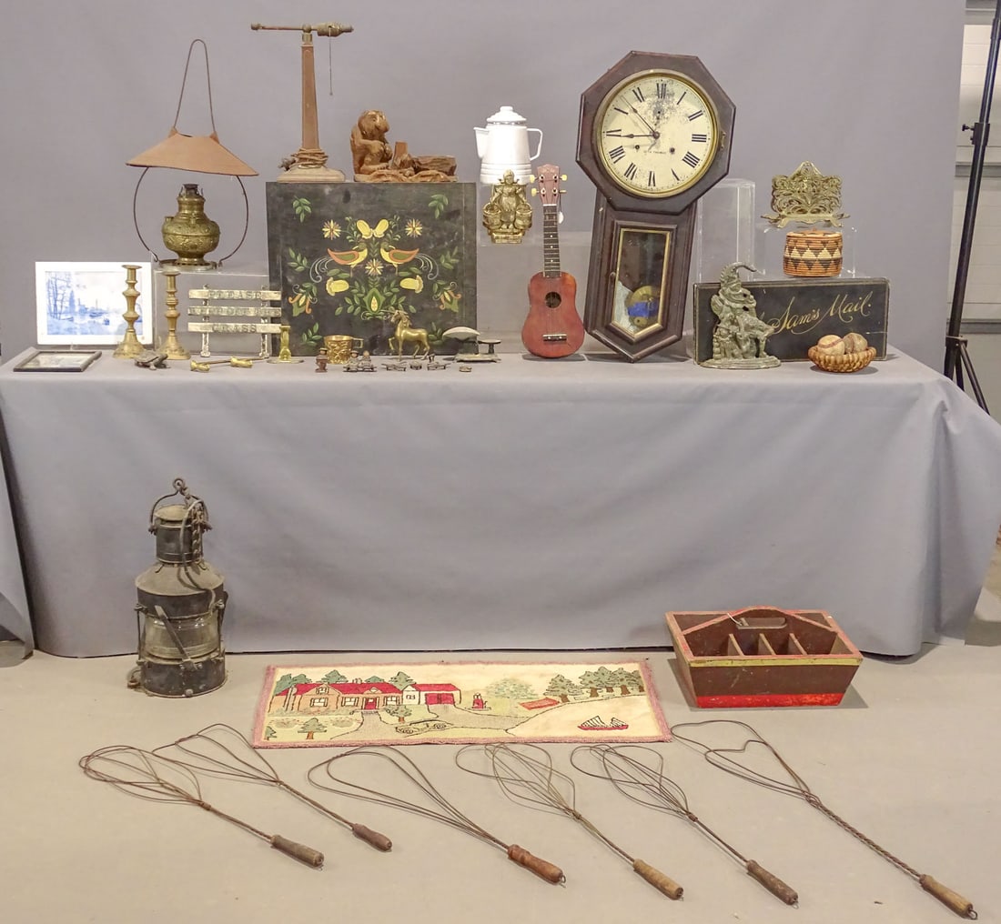 Misc. Lot: Misc table lot including railroad lantern (20" Ht.), Seth Thomas clock (as is, 31" L.), hooked rug, carved dog ashtray, metal Punch doorstop (12" Ht.), metal yard sign, tool hod (17 1/2" x 13" x 6"),