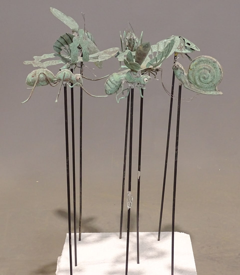 Copper Lawn Bugs: Eight Copper and metal lawn bugs. 28" Ht..