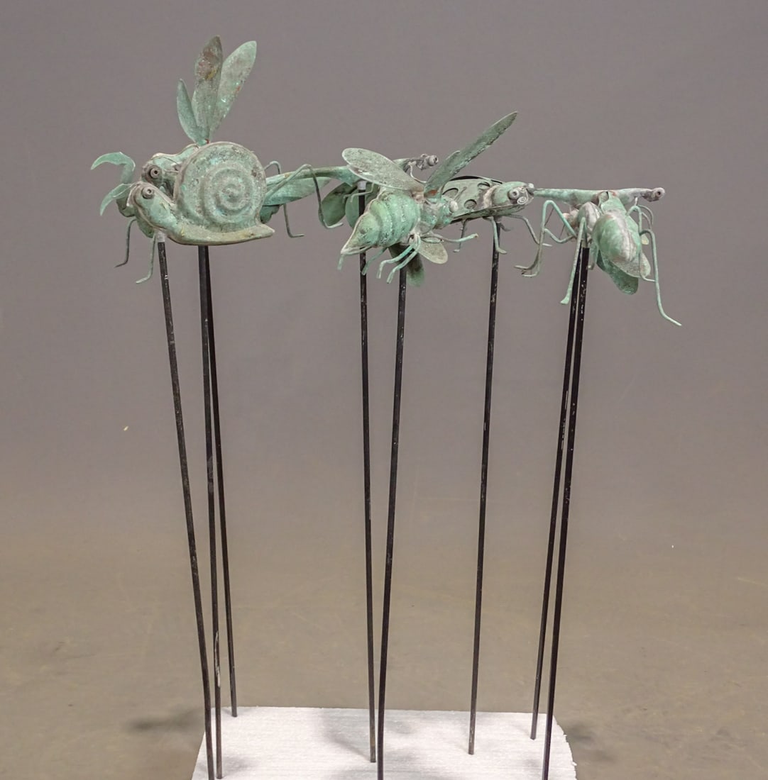 Copper Lawn Bugs: Eight Copper and metal lawn bugs. 28" Ht..