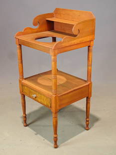 19th c. Commode: 19th c. two tier country Sheraton commode with tiger maple drawer. 18 1/4" x 16 1/4" x 39 1/4" Ht..