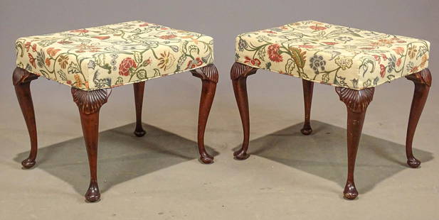 Pair Queen Anne Style Stools: Pair mahogany carved Queen Anne style vintage stools. 18" x 21" x 19" Ht..
