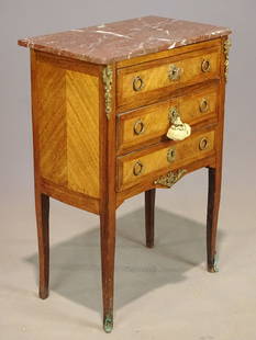 French Marble Top Stand: Early French marble top three drawer stand. Ormolu mounted. 22" x 13" x 32 1/2" Ht..