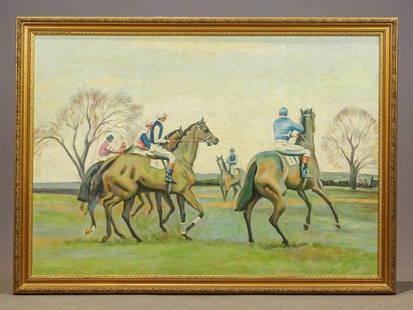 English School: Polo Players on Horseback: Painting: English School, Polo players on horseback. Oil on panel. Overall 27 1/2" x 39 1/2", overall 31 1/4" x 43". New Orleans gallery tag.
