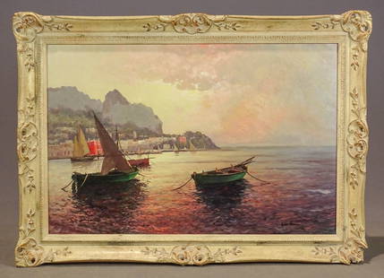 Guido Odierna (1913-1991): Painting: Guido Odierna (1913-1991), seascape, oil on canvas. Signed LRC. 24" x 36", overall 30" x 42". Frame has loss on one corner.