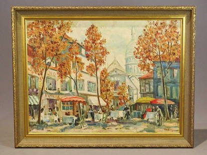Painting: Continental Street Scene: Painting: Continental School, street scene. Oil on canvas. 30" x 40 1/2", overall 37" x 47". Signed Verdis.