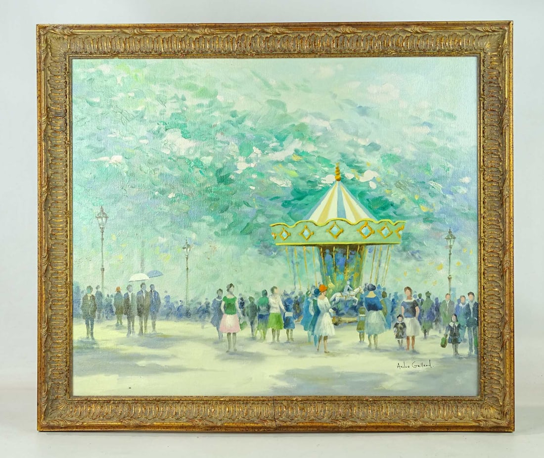 Andre Gallard (20th Century): Painting: Andre Gallard (20th Century), "The Carrousel", oil on canvas. 20" x 24", overall 24" x 28".