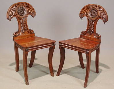 Pair Regency Chairs: Pair of 19th c. mahogany Regency carved chairs. 17 1/2" seat Ht., 34" overall Ht..