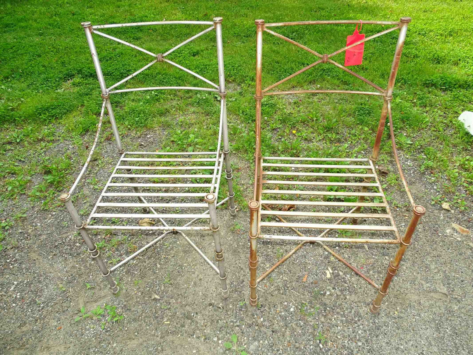 Pair of Metal Chairs: Pair of sturdy metal chairs. 17" seat Ht..