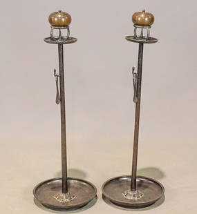 Pair Bronze Prickett Sticks: Pair of bronze prickett sticks. Each with tongs. 30" Ht..
