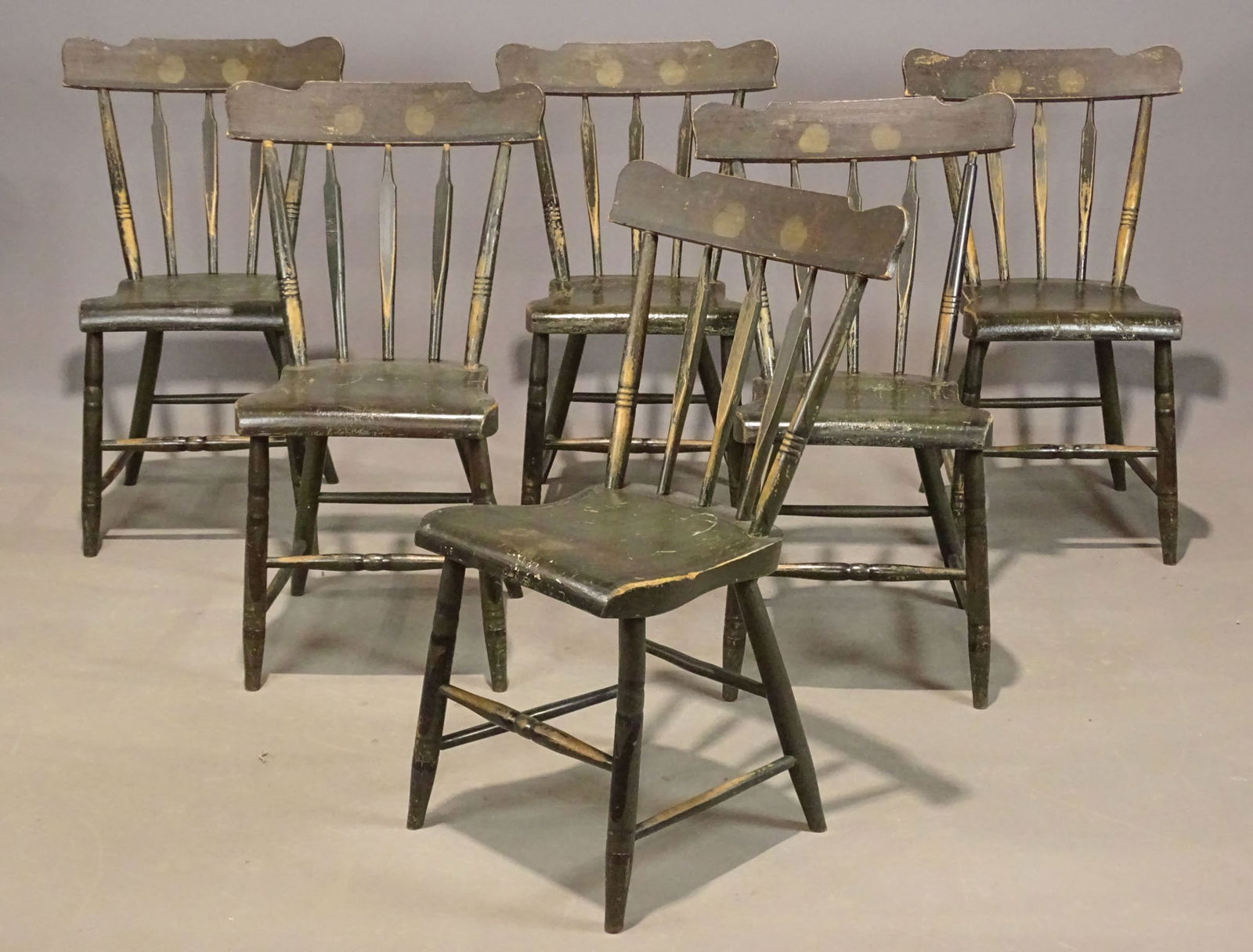 Set of (6) 19th c. Paint Decorated Chairs: Set of (6) 19th c. paint decorated chairs. 17 1/2" seat Ht., 32" overall Ht..