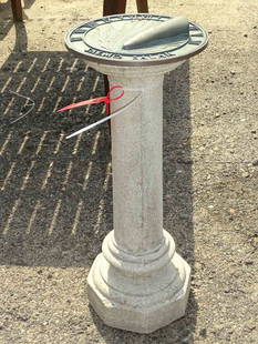 Sundial: Poured stone base with bronze sundial marked "WSB '93". 30 1/2" Ht., 12" D..