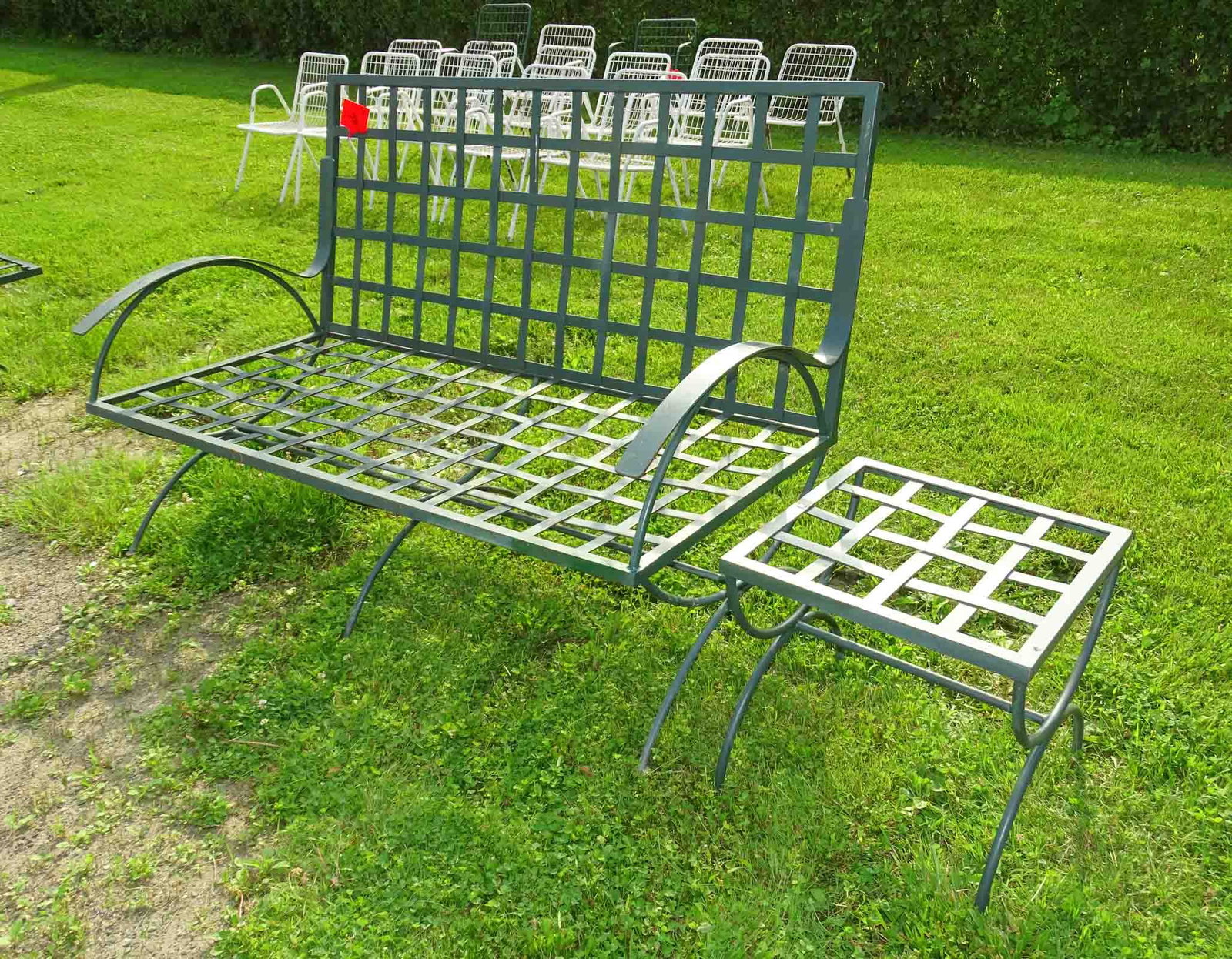 Bench: Metal weave bench with end table. 61" W., 18" Ht., 18" square.