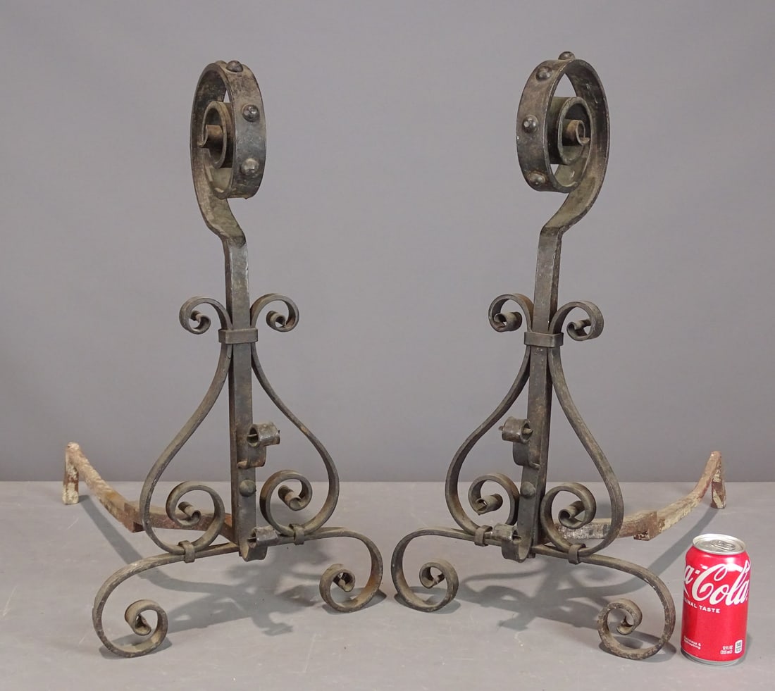 Andirons: Pair of wrought iron andirons. 24 1/2" ht.