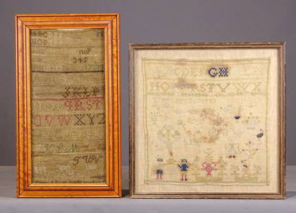 (2) Samplers: Lot (2) Samplers: "1825 Margaret R. Hayes" birdseye maple frame 17 1/4" x 10", unsigned with people, birds, etc. 14 1/2" x 14 1/2".