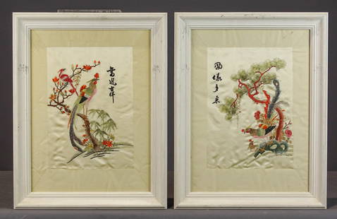 Pair Asian Needleworks: Pair of silk Asian Needlework's, frames 8 1/2" x 14 1/2".