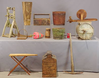 Country Store Lot: "Country Store" and primitives lot: early winder, child's ironing board, butter churn, tool hod, wooden anvil, pick, bottle case, chopper, grain drop, wooden apple peeler. 13 pcs.