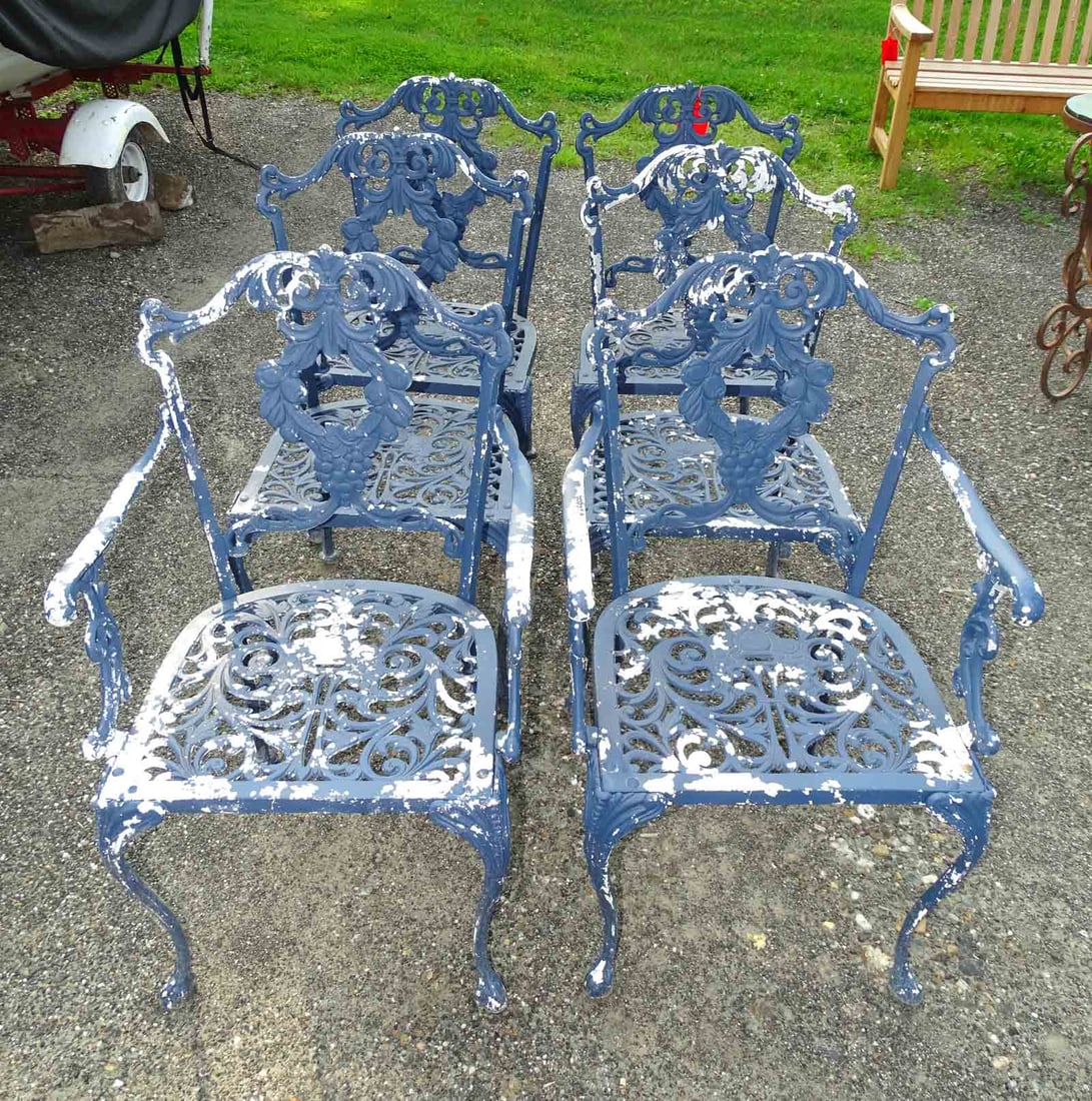 Patio Chairs: Set of (6) cast aluminum patio chairs. Grape motif. 16" seat Ht..