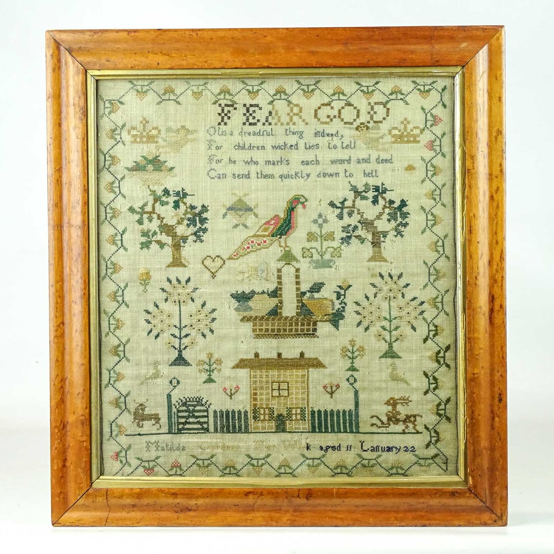 Sampler: Sampler "Matilda Gardner, Her work aged 11, January 22, ... Fear God". Frame 17 1/2" x 16".