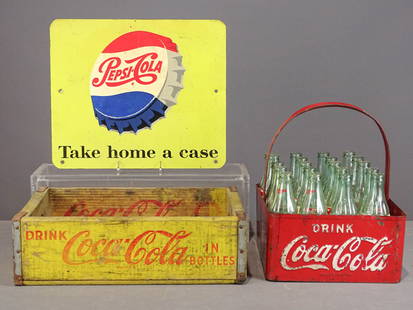 Coca-Cola Pepsi Lot: Lot: tin Coca-cola carrier with 20 bottles, wooden Coca-Cola crate, Pepsi-Cola 2 sided sheet metal sign, 13" x 15 1/4".