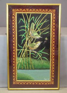 Indian School Artwork: Indian School textile artwork depicting birds. Signed "Shams-Agra…(India). Frame 45" x 28".