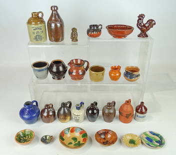 Miniature Stoneware Collection: MIsc. miniature stoneware collection both antique & contemporary, 26 pcs. with imperfections.