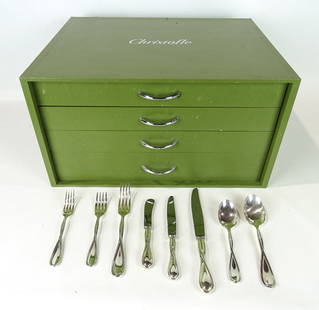 Christofle Silverplated Flatware: Christofle Paris silverplated flatware. 12 place settings including: tablespoons, dessert spoons, salad forks, table forks, dessert forks, table knives, dessert or salad knives, bread and butter knive