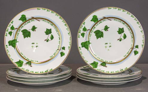 Set of French Raynaud's Verdures Plates: Set of (8) French porcelain plates. Raynaud's Verdures collection, designed by Christian Tortu, features Limoges porcelain with an ivy-inspired motif and delicate gold detailing. No damage, 12-1/4" D.