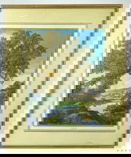 Maxfield Parrish Print: Vintage framed Maxfield Parrish print "Peaceful Valley". Sight 16" x 12", overall 23" x 19".