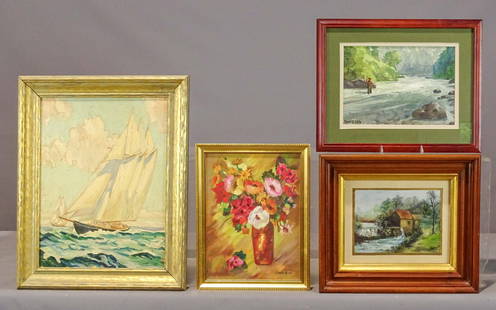 Artwork Lot: Artwork lot including: Pastel signed Dennison (overall 12 1/2" x 14 1/2"), floral still life signed E.W. Russell (oil on panel, overall 13 1/2" x 10 1/2"), painting, seascape (oil on panel, overall 19