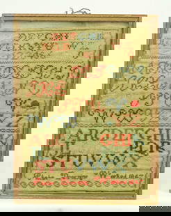 19th c. Needlework Sampler: 19th c. needlework alphabet sampler "Phebe Downing Worked 1847". Sight 15" x 11", overall 17" x 13".