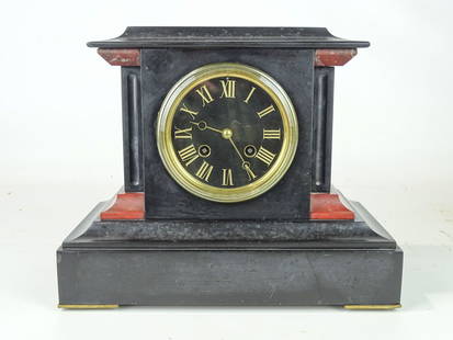 Tiffany Victorian Slate Mantel Clock: Victorian slate mantel clock. 11" x 6 1/2" x 9 1/2". One rear corner repaired. Marked Tiffany & Co..