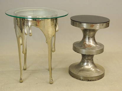 Decorative Tables: Lot (2) decorative modern tables including spun metal (14" D., 22 1/2" Ht.), and glass top with metal base (22" D., 25 1/2" Ht.).