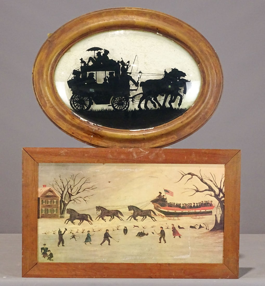 Artwork Lot: Artwork lot including Shelburne Museum print on canvas (overall 16 1/2" x 27 1/2"), and reverse silhouette print of horse and carriage (overall 19" x 25").