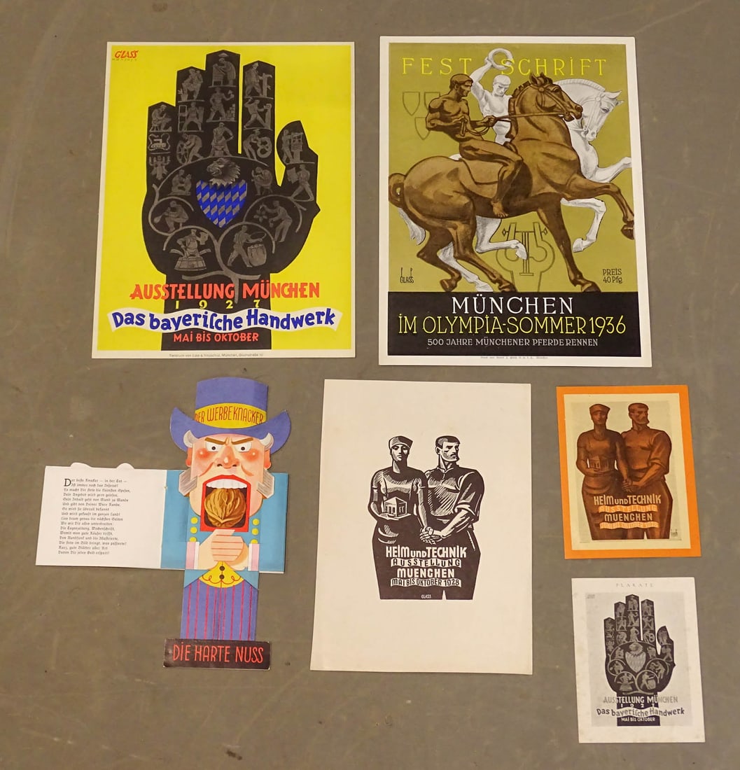 Franz Paul Glass (1886–1964). German Art: Group of printed Weimar Expressionism illustration art. Includes handbill small poster with two nude men on horseback for 1936 Summer Olympic Munich Festschrift. Formerly from the estate of Franz Paul