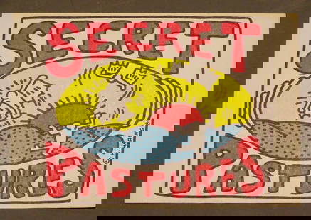 Keith Haring Secret Pastures: Keith Haring (1958-1990). Original oversized postcard advertisement for Secret Pastures dance production with Haring artwork on one side, and text on the other. November 1984. 6" x 8 1/2".