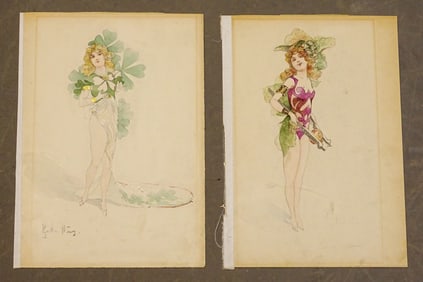 French Costume Design Watercolor Pair