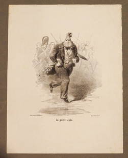 French Caricature Pear-Head Man: La Poire Tapee. Lithograph. Chez Aubert, Paris, c. 1848. Caricature of King Louis-Philippe I of France. Money falls from his pocket. 14" x 10 1/2".