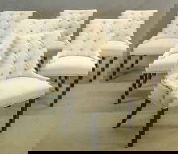 Set of (6) Upholstered Chairs: Set of (6) Modern decorative upholstered chairs. 20" seat Ht., 37" overall Ht.. Some need tightening up.