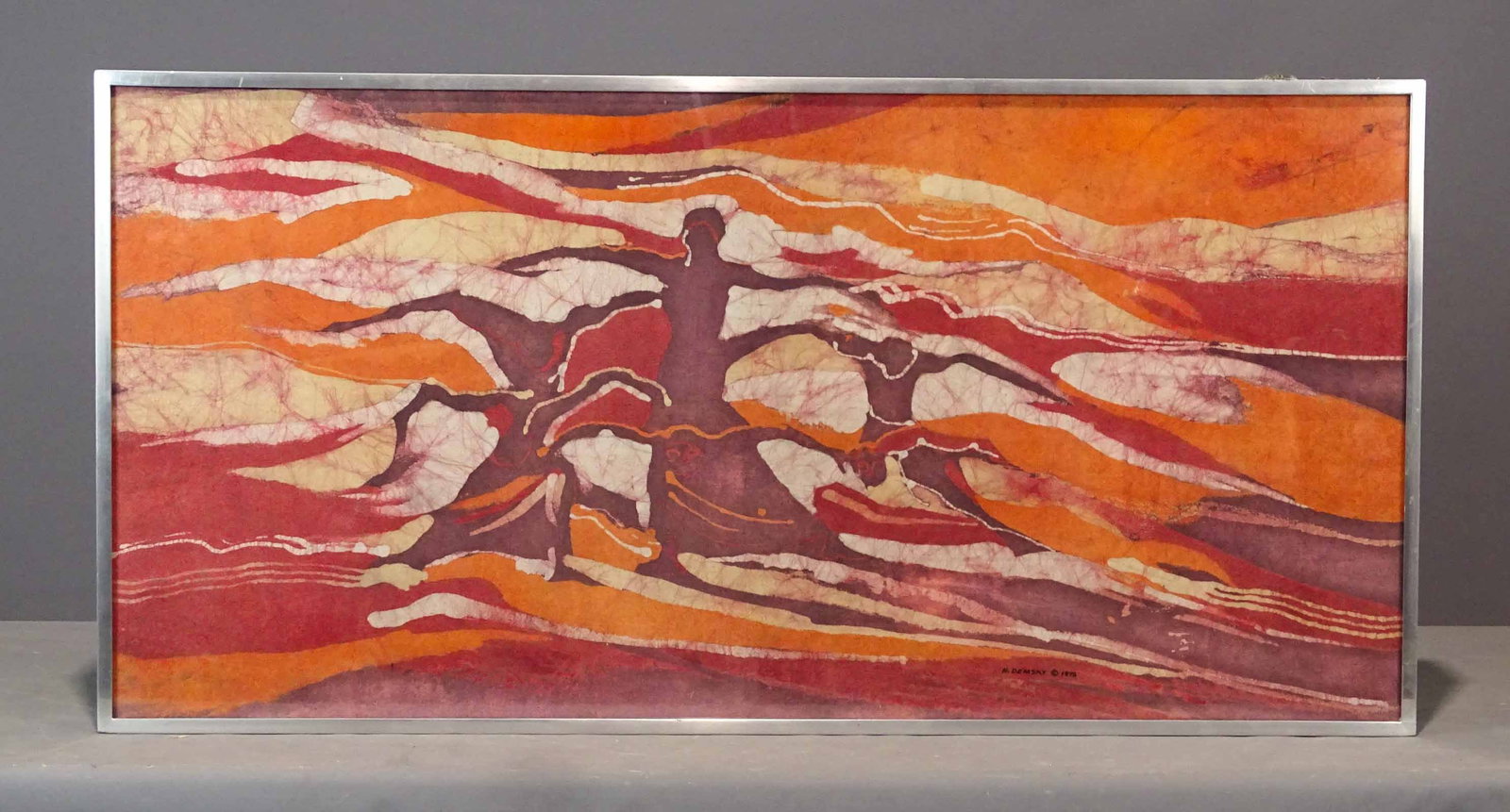 H. Demsky (20th Century): Artwork signed H. Demsky. Titled "Dancers" (dated 1976). Note frame is back lit. 23" x 46".