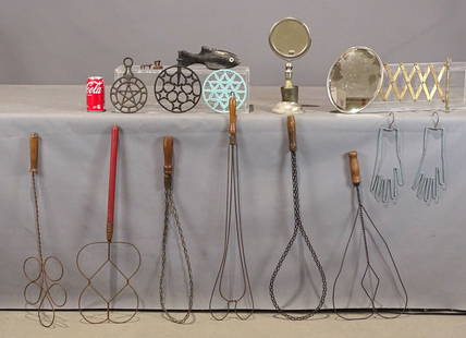 Primitives Lot: Primitives lot: (3) iron trivets; miniature sad iron & trivet; (6) rug beaters; shaving mirror; wall mount shaving mirror; glove dryer; cast iron fish.