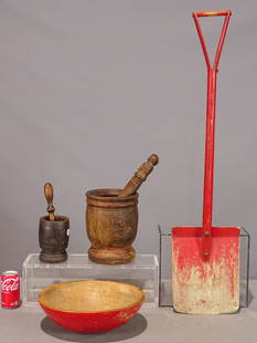 Primitive Lot: Primitives lot including: (2) mortar and pestles, wooden bowl in red paint (13 1/2" D.), wooden shovel (39 1/2" L.), (4) pieces.