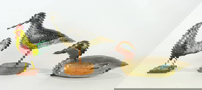 Bird Carvings: Lot (3) bird carvings: 7 1/4" rooster "Jacob Reber Lehigh V. PA.", duck decoy ("R.J. Brown", ?), shorebird "F".