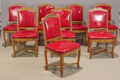 Set of (8) French Chairs: Set of (8) French carved and upholstered chairs. 19" seat Ht., 37 1/2" overall Ht..