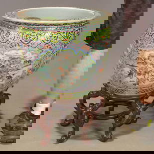 Large Asian Ceramic Bowl on Stand: Large Asian ceramic bowl on stand. 18" D., 16 1/4" Ht..