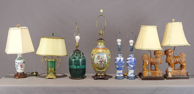 Asian Lamp Lot: Lot (8) various Asian ceramic and pottery table lamps with shades. Some as is.