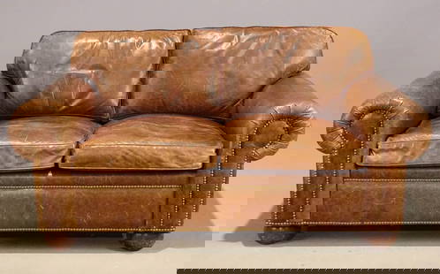 Leather Sofa: Leather sleeper sofa. 60" x 30" x 31" Ht.. Labeled Avery Boardman.