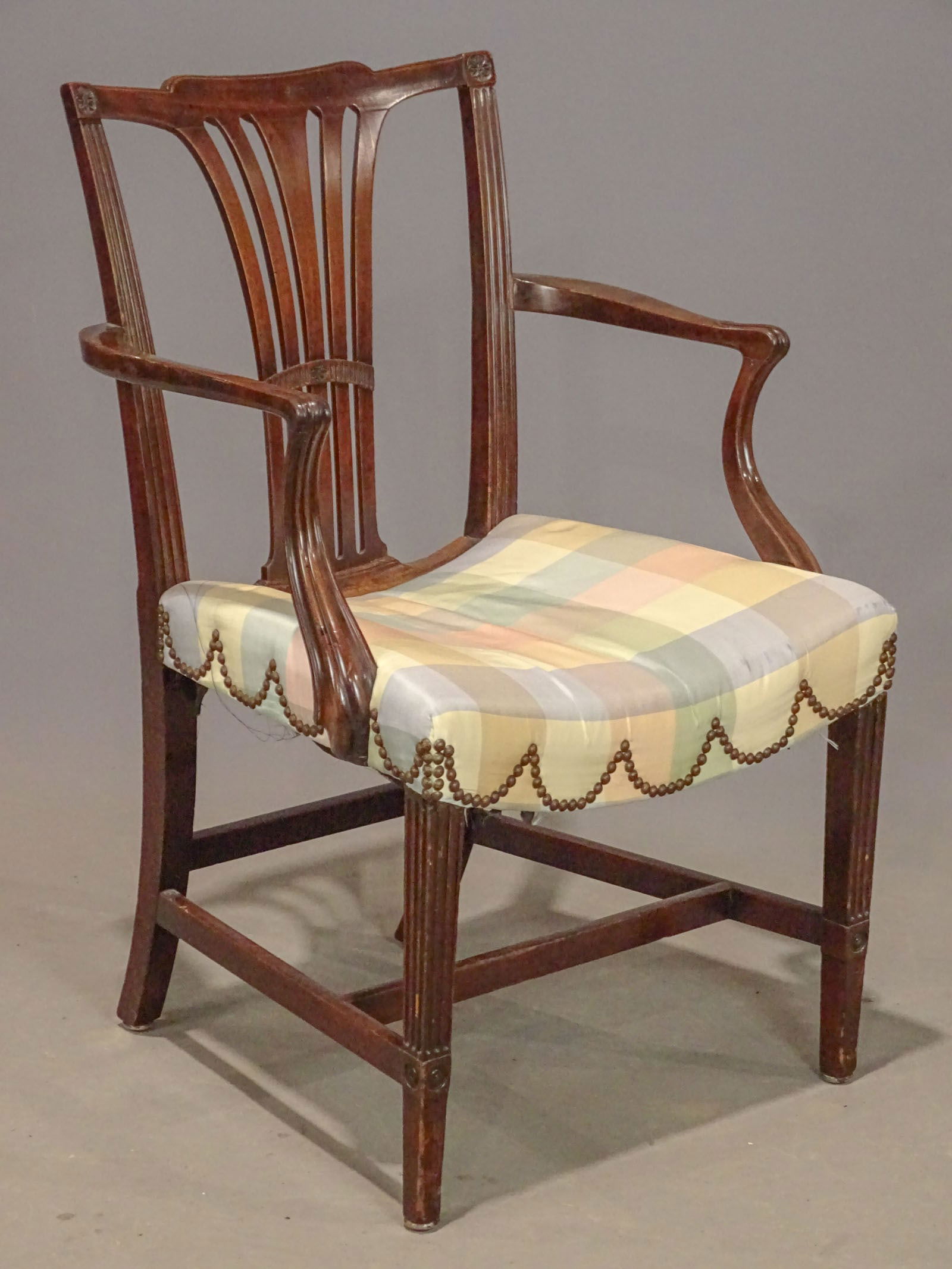 19th c. Hepplewhite Armchair: 19th c. carved mahogany Hepplewhite armchair. 20" seat Ht., 37" overall Ht..