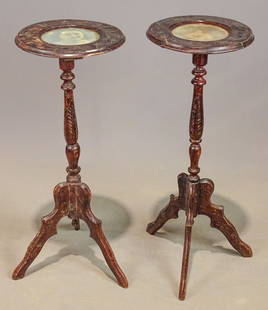Pair Victorian Stands: Pair of Victorian stands with photographs on tops. 12" D., 31" Ht..